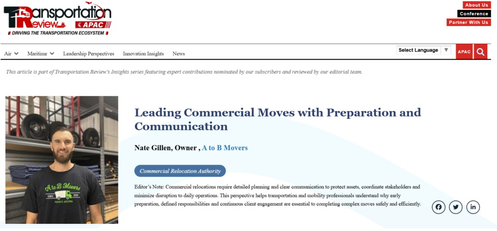 A to B Movers Featured in Transportation Review APAC